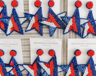 Red White and Blue Star Earrings - Brookhaven Baubles Southern Statement Jewelry - Beaded Earrings - Memorial Day/4th of July Earrings