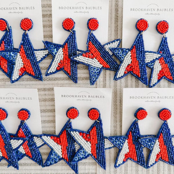 Red White and Blue Star Earrings - Brookhaven Baubles Southern Statement Jewelry - Beaded Earrings - Memorial Day/4th of July Earrings