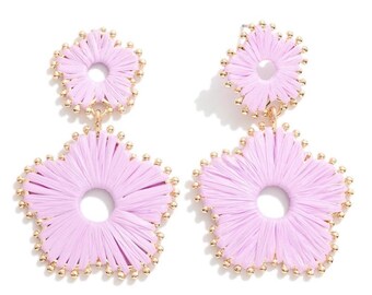 Lavender & Gold Raffia Flower Drop Statement Earrings - Brookhaven Baubles - Southern Statement Jewelry - Beaded Statement Earrings