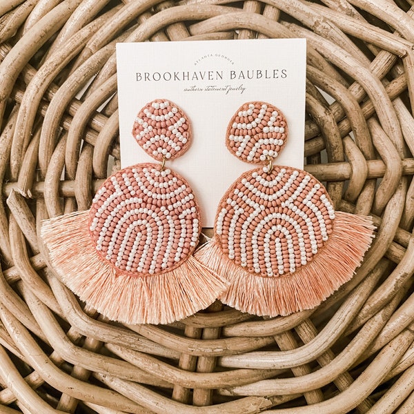 Blush and White Tassel Disc Beaded Earrings - Brookhaven Baubles - Southern Statement Jewelry - Statement Earrings