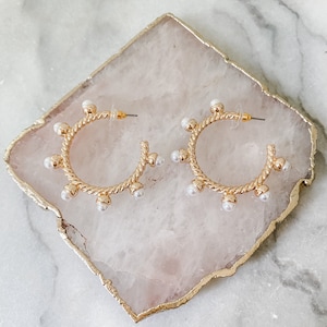 Pearl and Gold Beaded Ball Hoop Statement Earrings - Brookhaven Baubles - Southern Statement Jewelry - Classic Earrings