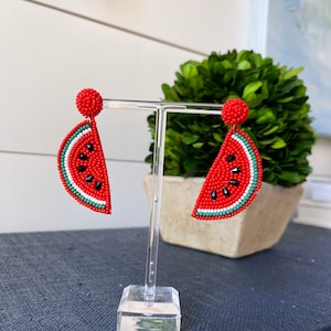 Red Watermelon Beaded Earrings - Brookhaven Baubles Southern Statement Jewelry - Beaded Earrings - Memorial Day/4th of July Earrings