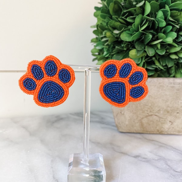 Navy Blue and Orange Paw Beaded Earrings - Brookhaven Baubles - Southern Statement Jewelry - Auburn Game Day Earrings - Tigers