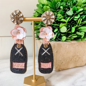 Black and Blush Champagne Bottles Beaded and Sequin Earrings - Brookhaven Baubles - Southern Statement Jewelry - Beaded Statement Earrings