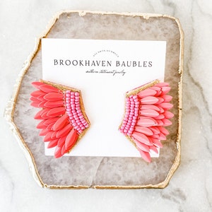 Bright Pink Sequin Wing Beaded Earrings - Brookhaven Baubles - Southern Statement Jewelry - Beaded Statement Earrings