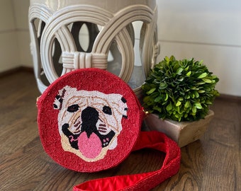 Round beaded bulldog crossbody bag - UGA - Beaded luxury gameday purse -