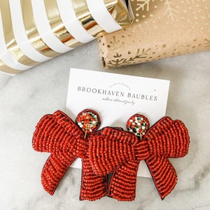 Red Christmas Bow Beaded Statement Earrings - Brookhaven Baubles Southern Statement Jewelry - Christmas Earrings