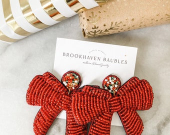 Red Christmas Bow Beaded Statement Earrings - Brookhaven Baubles Southern Statement Jewelry - Christmas Earrings