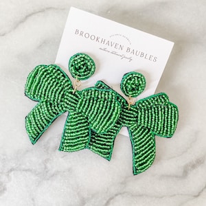 Green Christmas Bow Beaded Statement Earrings - Brookhaven Baubles Southern Statement Jewelry - Christmas Earrings