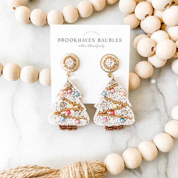 White Christmas Tree Beaded Earrings - Brookhaven Baubles Southern Statement Jewelry - Christmas Earrings