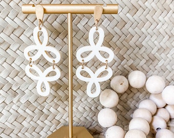 Ivory White Geometric Wood Dangle Statement Earrings - Brookhaven Baubles - Southern Statement Jewelry - Beaded Statement Earrings