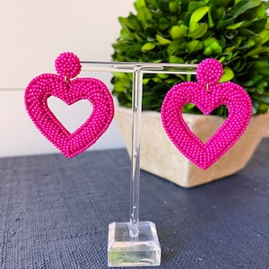 Hot Pink Beaded Heart Earrings - Brookhaven Baubles - Southern Statement Jewelry - Statement Earrings - Valentine's Day Earrings - xoxo