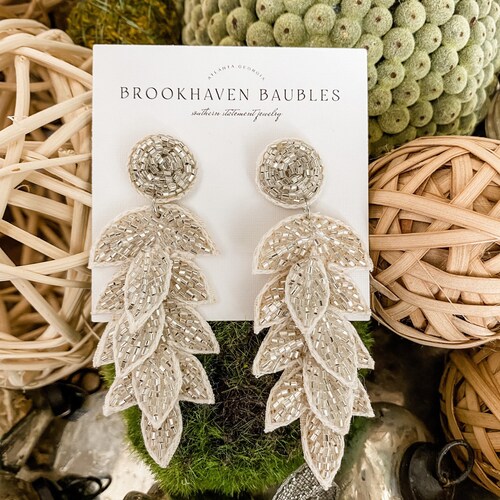 White Crystal Leaves Beaded Earrings - Brookhaven Baubles - Southern Statement Jewelry - Beaded Statement Earrings - Fashion Leaf Earrings