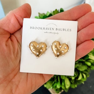 Gold Pearl Heart Stud Earrings - Brookhaven Baubles - Southern Statement Jewelry - Statement Earrings - Valentine's Day Earrings - xoxo