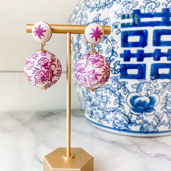 Magenta and White Floral Toile thread ball Statement Earrings - Brookhaven Baubles - Southern Statement Jewelry - Beaded Statement Earrings