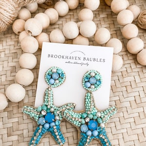 Teal Blue Starfish Crystal Beaded Earrings - Brookhaven Baubles - Southern Statement Jewelry - Beaded Statement Earrings - Fashion Earrings