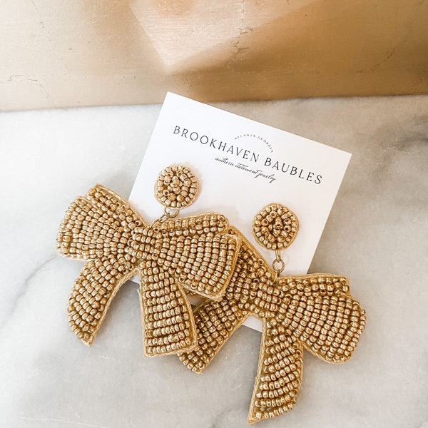 Gold Christmas Bow Beaded Statement Earrings - Brookhaven Baubles Southern Statement Jewelry - Christmas Earrings