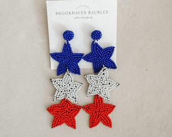 Red White and Blue Dangle Star Earrings - Brookhaven Baubles Statement Jewelry - Beaded Earrings - Memorial Day/4th of July Earrings