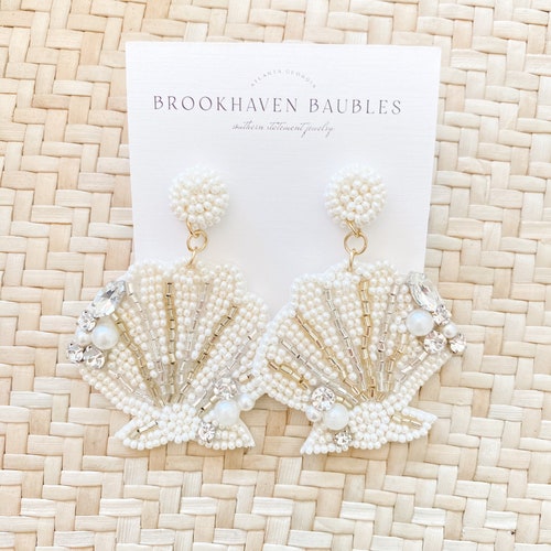 White Crystal Shell Beaded Earrings - Brookhaven Baubles - Southern Statement Jewelry - Beaded Statement Earrings - Fashion Earrings