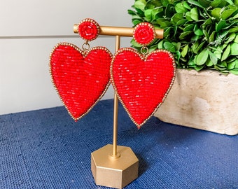Bright Red Beaded Heart Earrings with Gold Accents - Brookhaven Baubles - Southern Statement Jewelry - Statement Earrings - Bride Earrings