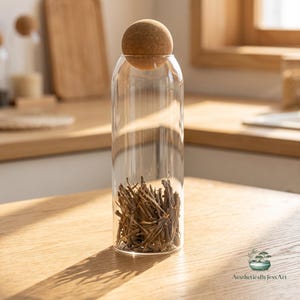 May include: A clear cylindrical glass storage jar with a round cork ball stopper. The jar is filled with small, thin, brown wooden twigs. The text AestheticsByJessArt is printed in the bottom right corner of the image.