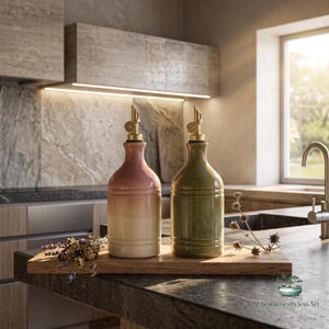 May include: Two ceramic oil dispensers with gold-toned metal spouts. One bottle features a pink-to-cream gradient, while the other is a solid olive green. Both have a cylindrical body with horizontal ridges and are placed on a wooden board.