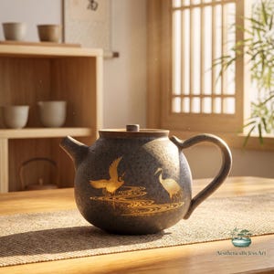 Könnte beinhalten: Eine dunkelgraue, gesprenkelte Keramik-Teekanne mit einer goldenen Illustration von zwei Kranichen an einem fließenden Bach. Die Teekanne hat einen runden Körper, einen kurzen Ausguss, einen geschwungenen Griff und einen flachen Deckel.