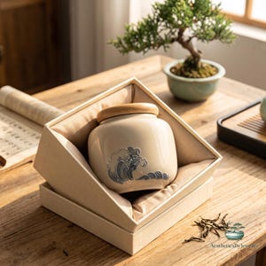 Könnte beinhalten: Eine cremefarbene Teedose aus Keramik mit einem glatten, abgerundeten Körper und einem Deckel aus hellem Holz. Die Dose zeigt eine blau-weiße grafische Illustration stilisierter Meereswellen. Sie befindet sich in einer beigen, stoffgefütterten Box.