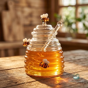 Op de afbeelding: Een doorzichtige glazen honingpot in de vorm van een bijenkorf, gevuld met goudkleurige honing. De pot is voorzien van drie kleine, decoratieve glazen bijtjes met witte vleugels op de buitenkant en het deksel. Een glazen honingdrip zit in de pot.
