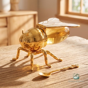 Op de afbeelding: Een goudkleurige honingpot in de vorm van een bij met een reflecterende metalen kop en poten, een doorzichtig, amberkleurig glazen lichaam en witte vleugels. Een kleine goudkleurige lepel met een roosvormig handvat ligt naast de pot.
