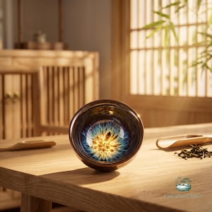 May include: A round ceramic tea bowl with a dark brown exterior and a vibrant interior glaze featuring a starburst pattern in shades of deep blue, gold, and white. The bowl sits on a wooden surface with a small logo in the bottom right corner.