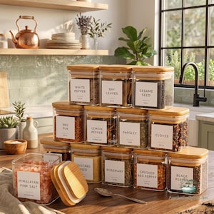 May include: A collection of square clear glass spice jars with light wood lids, each featuring a white label with black text identifying contents like Himalayan Pink Salt, White Pepper, Bay Leaves, Sesame Seed, BBQ Rub, Lemon Pepper, Parsley, Cloves, Mustard Seed, Rosemary, Crushed Red Pepper, and Black Pepper.