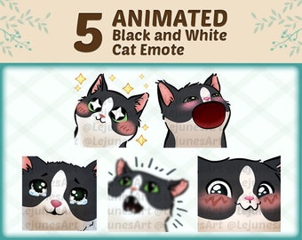 May include: Five animated black and white cat emotes in different expressions. The emotes are in various sizes: 112x112, 56x56, and 28x28 pixels. The emotes are designed for use on Twitch, YouTube, and Discord.