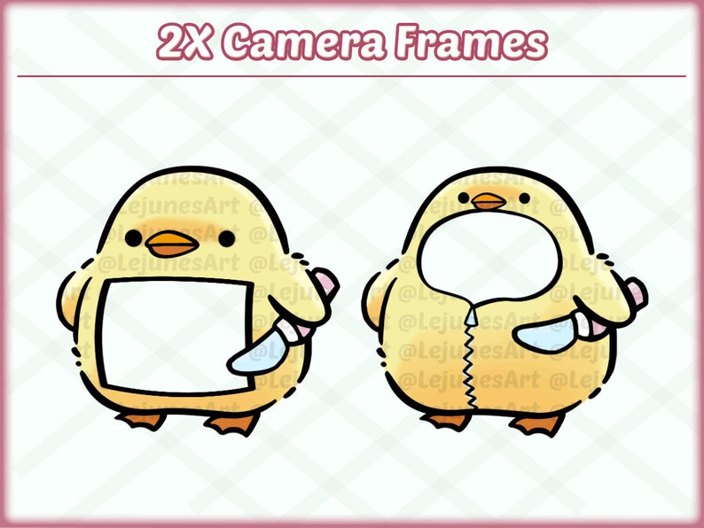 May include: Two cartoon frames featuring a yellow chick with a knife. The chick on the left has a blank white rectangle for a face. The chick on the right has a blank white oval for a face.