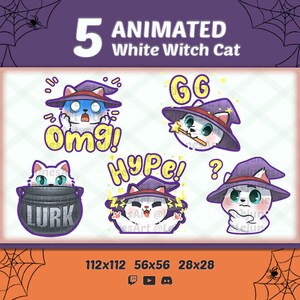 Animated Witch Cat Emote | White Cat Twitch emotes  | Cat animated amote pack | Youtube Emote | Discord Emote | Community Emote |