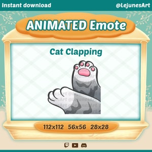 Op de afbeelding: Geanimeerde emote met klappende kattenpoten. De tekst "ANIMATED Emote" en "Cat Clapping" zijn inbegrepen. De afbeelding is ontworpen voor direct downloaden en is beschikbaar in drie formaten: 112x112, 56x56 en 28x28 pixels.