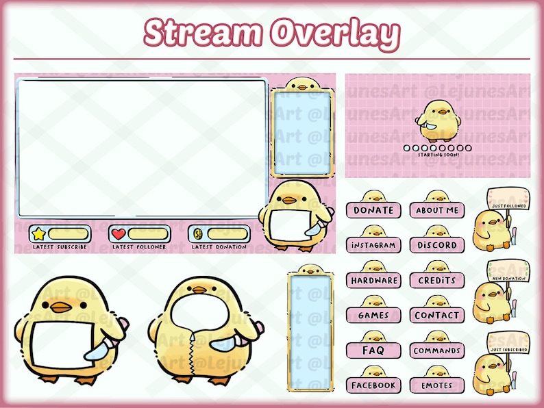 May include: A pink and yellow stream overlay with a cartoon chick holding a knife. The overlay includes sections for latest subscriber, latest follower, latest donation, donate, about me, instagram, discord, hardware, credits, games, contact, faq, commands, facebook, and emotes.
