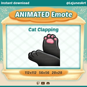 Könnte beinhalten: Animierter Emote mit schwarzen Katzenpfoten, die klatschen, mit rosa Ballen. Der Hintergrund ist hell. Der Text lautet "ANIMATED Emote" und "Cat Clapping". Das Bild enthält Größenangaben in Pixeln, wie 112x112, 56x56 und 28x28.