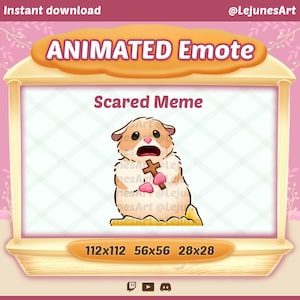 May include: Animated emote of a scared hamster holding a cross. The hamster is brown and white with a pink nose and big eyes. The background is a light pink with a white grid pattern. The text "Scared Meme" is above the hamster. The text "112x112 56x56 28x28" is below the hamster.