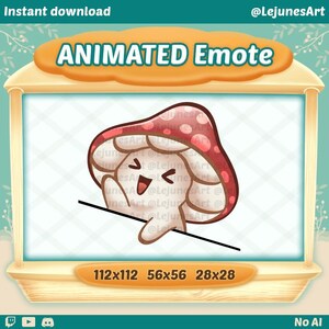 Puede incluir: Emoticón animado con un hongo de dibujos animados con una gorra roja y blanca con lunares y una cara sonriente. La imagen incluye el texto "ANIMATED Emote" y las dimensiones.