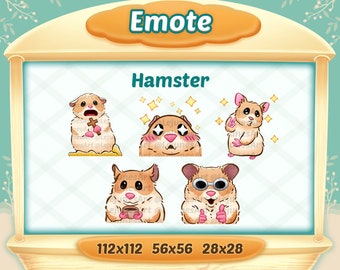 May include: Set of four hamster emotes in different poses. The emotes are in a cartoon style and feature a hamster with different expressions. The emotes are labelled with their sizes: 112x112, 56x56, and 28x28.