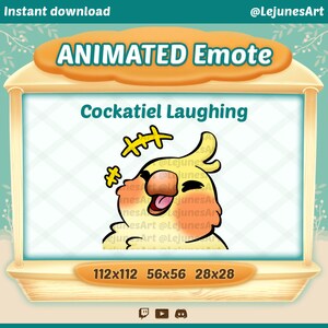 Puede incluir: Emoticono animado de un cacatúa amarillo con mejillas naranjas riendo. El pájaro tiene los ojos cerrados y la boca abierta de par en par. El emoticono está disponible en tres tamaños: 112x112, 56x56 y 28x28.