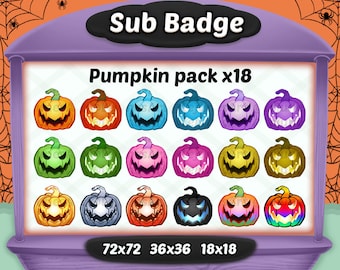 May include: A set of 18 Halloween-themed Twitch sub badges featuring various colored pumpkins with different expressions. The badges are available in three sizes: 72x72, 36x36, and 18x18. The text "Pumpkin pack x18" is displayed above the badges.