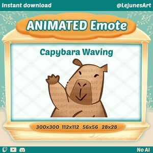 Może przedstawiać: Animowana emotka przedstawiająca machającą kapibarę z kreskówki. Obraz zawiera tekst "ANIMATED Emote" i "Capybara Waving". Dostępne do natychmiastowego pobrania, z opcjami rozmiaru: 300x300, 112x112, 56x56 i 28x28 pikseli. Obraz cyfrowy.