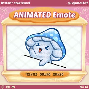 May include: An animated emote of a blue mushroom character with a cheerful expression. The image includes the text "ANIMATED Emote" and size options. The design is set against a pink floral background.