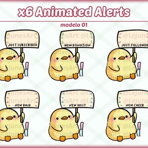 May include: Six animated alerts featuring a yellow chick holding a sign with different messages. The messages include "Just Subscribed", "New Donation", "Just Followed", "New Raid", "New Host", and "New Cheer".