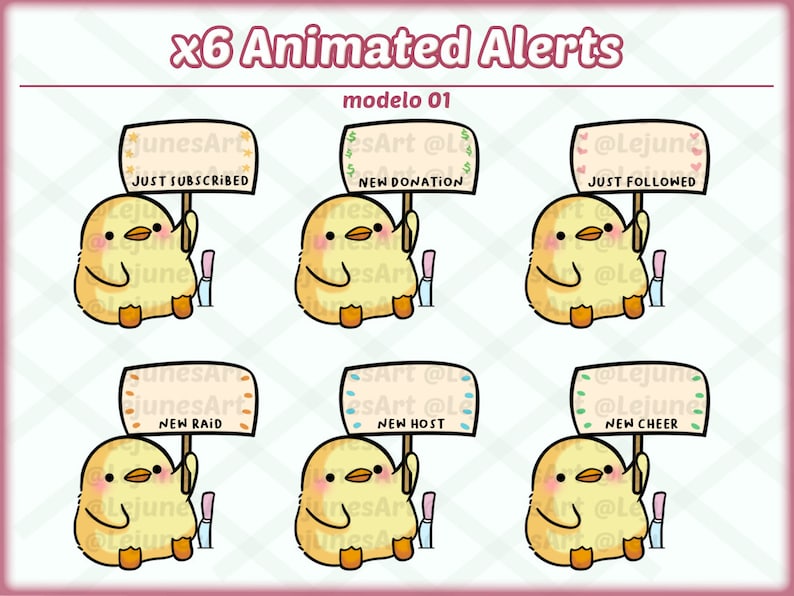May include: Six animated alerts featuring a yellow chick holding a sign with different messages. The messages include "Just Subscribed", "New Donation", "Just Followed", "New Raid", "New Host", and "New Cheer".