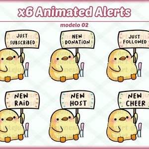 May include: Six animated alerts featuring a yellow chick holding a sign. The signs read "Just Subscribed", "New Donation", "Just Followed", "New Raid", "New Host", and "New Cheer".