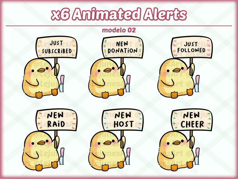 May include: Six animated alerts featuring a yellow chick holding a sign. The signs read "Just Subscribed", "New Donation", "Just Followed", "New Raid", "New Host", and "New Cheer".