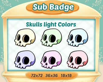 May include: Six cartoon skull sub badges in various pastel colours, including yellow, green, blue, purple, pink, and red. The badges are arranged in two rows of three. The text "Sub Badge" is at the top of the image, and the text "Skulls light Colors" is below the badges. The text "72x72 36x36 18x18" is at the bottom of the image.